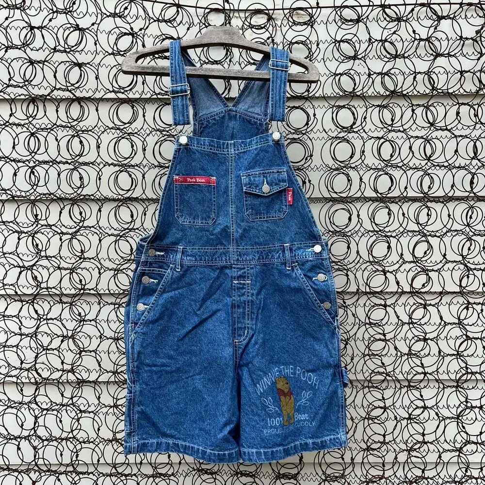 Vintage 90s Y2K Pooh Logo Image Denim Jean Shortalls Overalls Multi Pocket SMALL